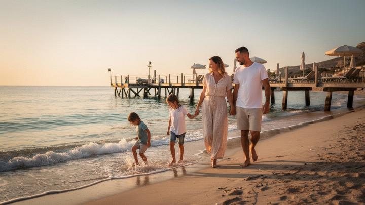 Family walking a shallow sandy beach beside a resort pier at golden hour