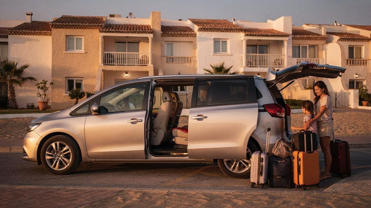 Minivan with fitted child seats waiting at a resort entrance in the early evening